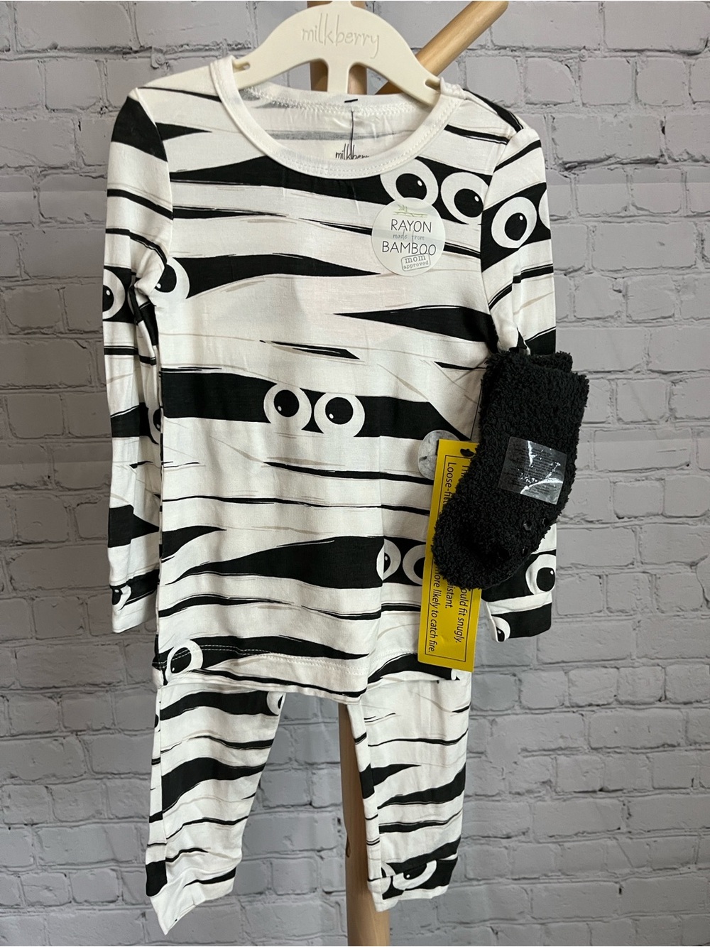 Milkberry Kids Black & White Mummy Stripe Pajama Set with Eyes -